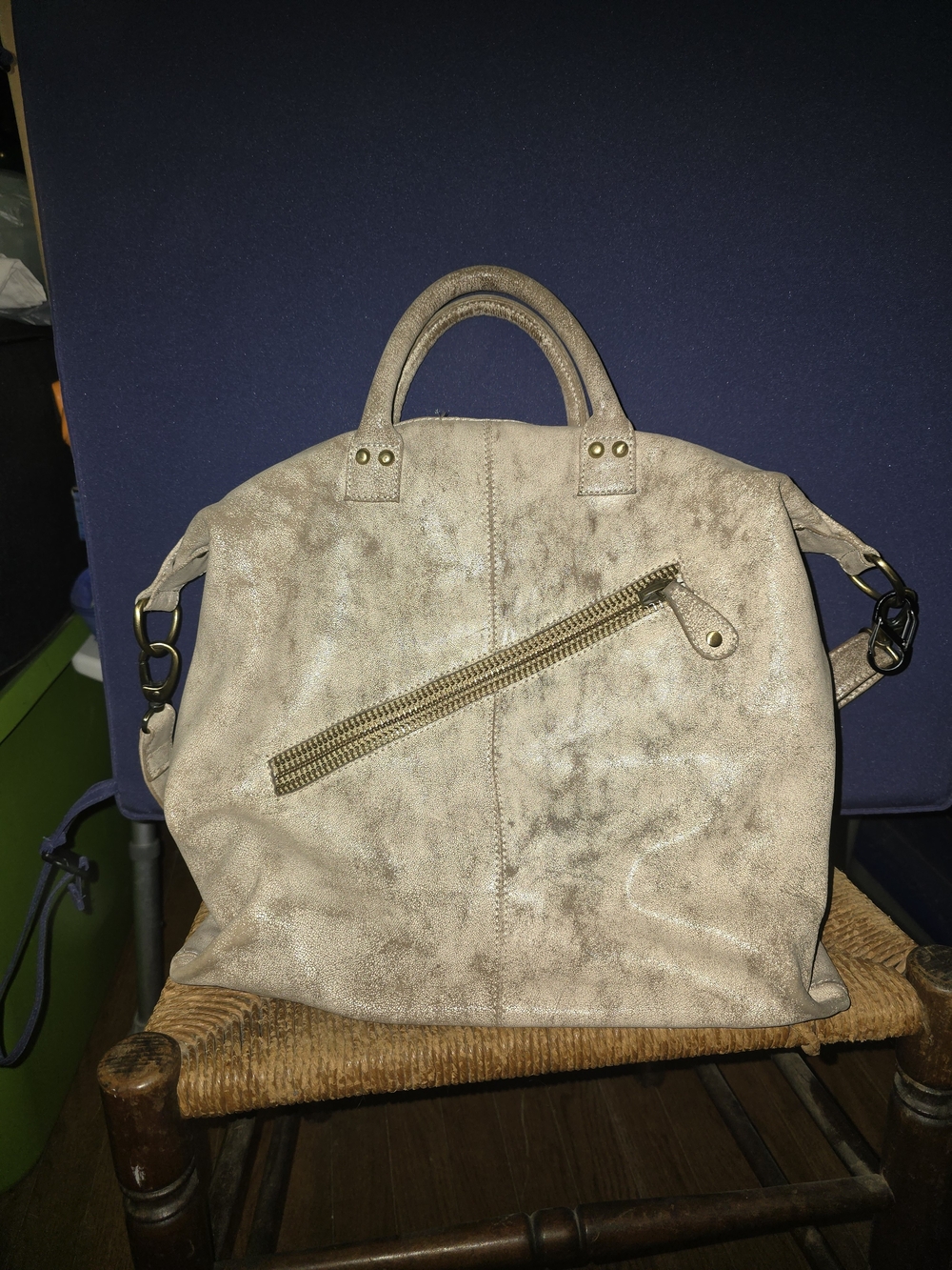 Latico Taupe Metallic Leather Tote with Diagonal Zip Pocket